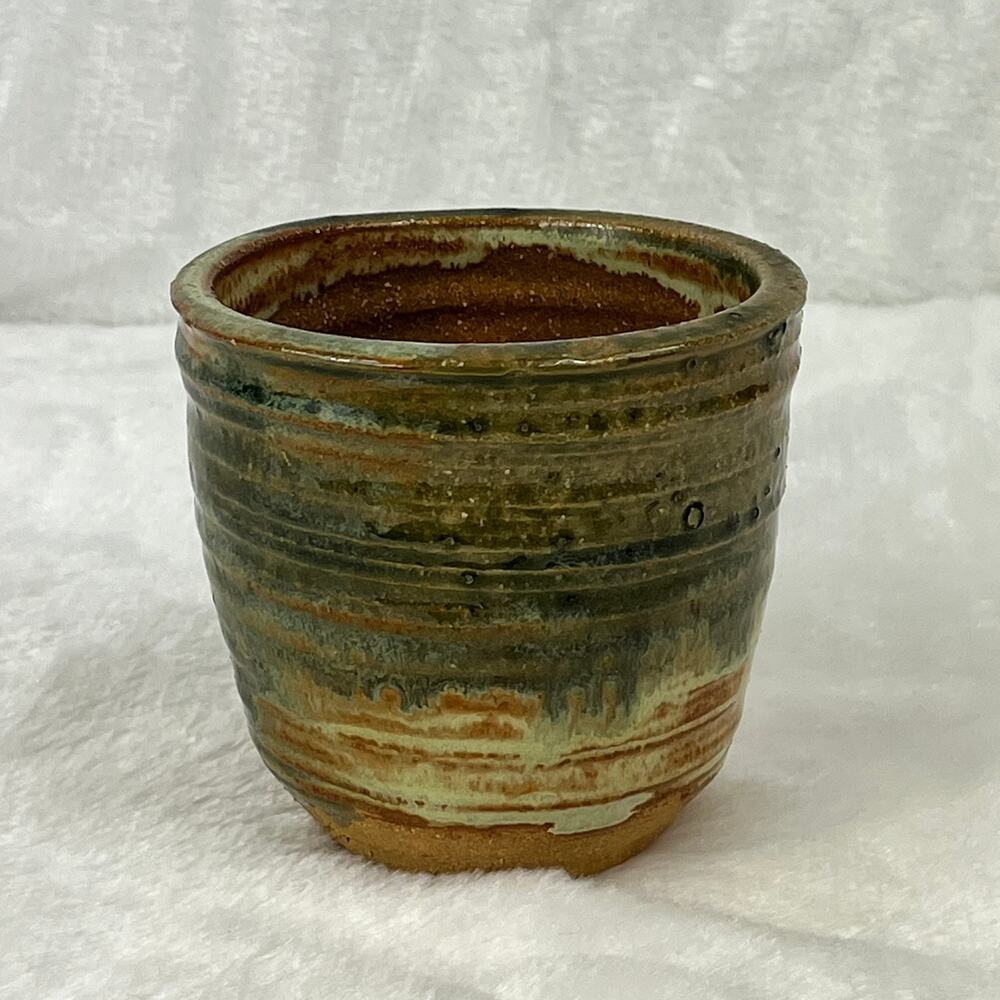 Studio Pottery Cup Handmade Stoneware Tumbler 3.5" Green Brown Ridged Glaze